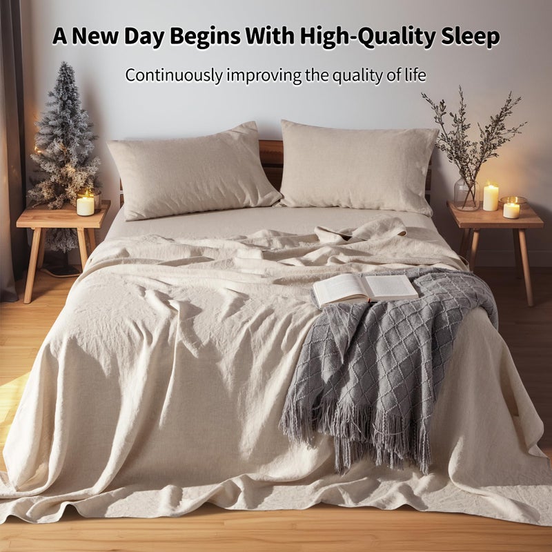 LBRO2M 100% Linen Sheet Set 19"" Deep Pocket Full Size,Bed Sheets 4 Piece Sets,Solid Color Natural Flax Bed Sheets Soft Breathable Bedding, All Season (Full, Linen) - Image 4